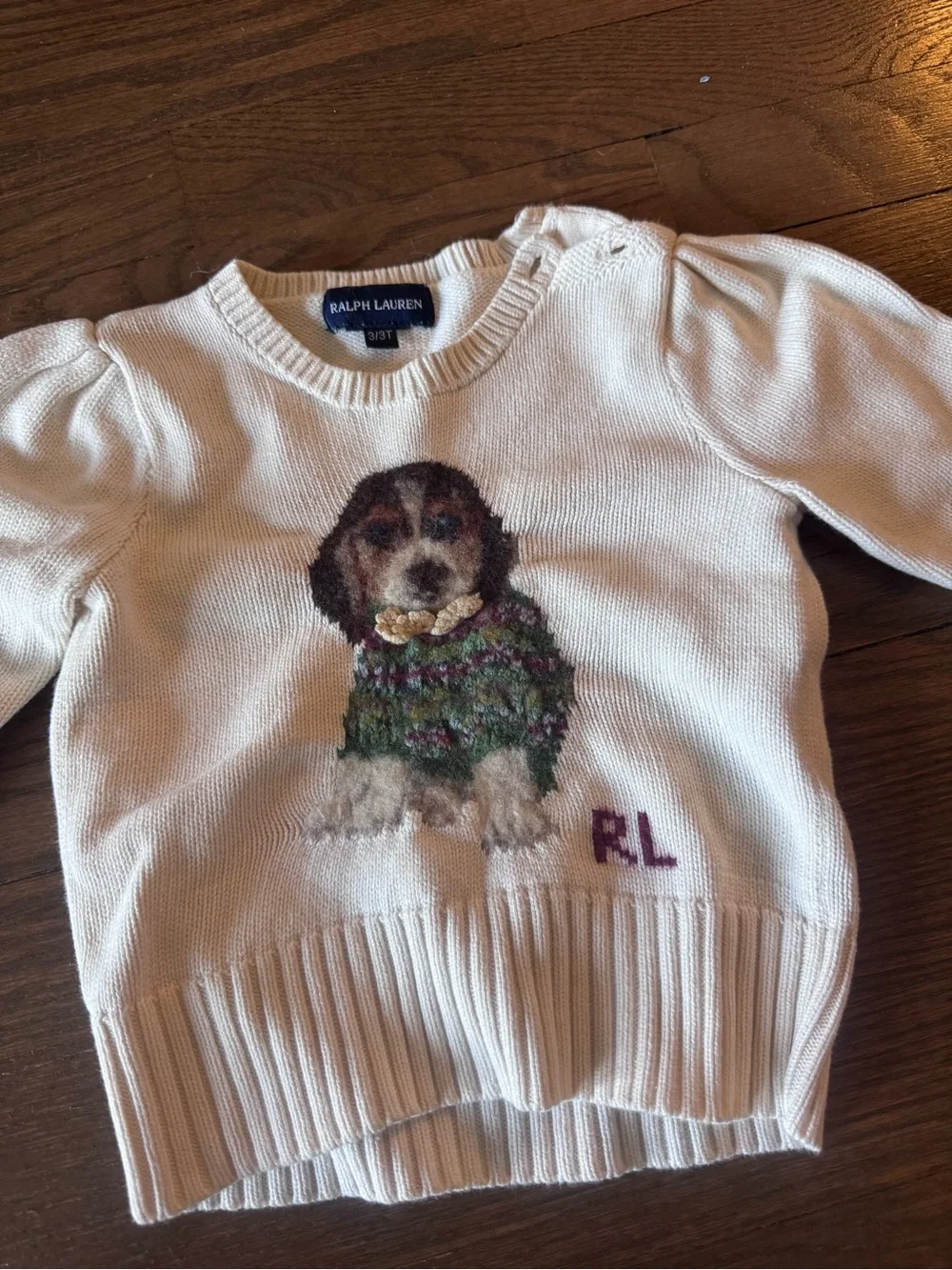 Ralph Lauren Cream Knit Sweater with Embroidered Puppy